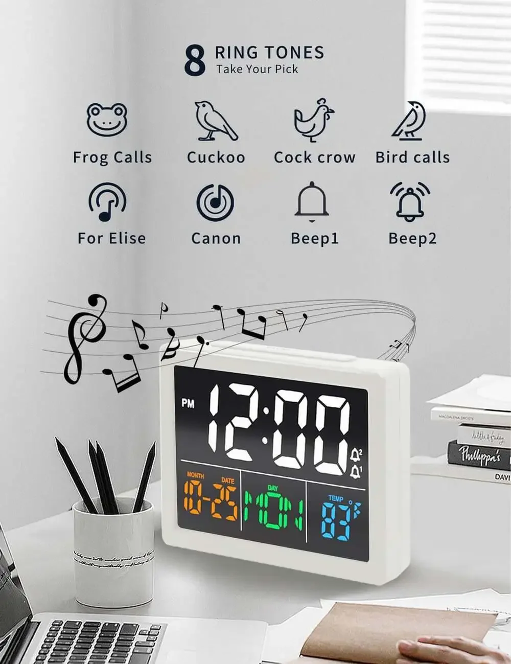 Digital Alarm Clock with Date and Temperature, 5.5 Inch HD Display, Dual USB